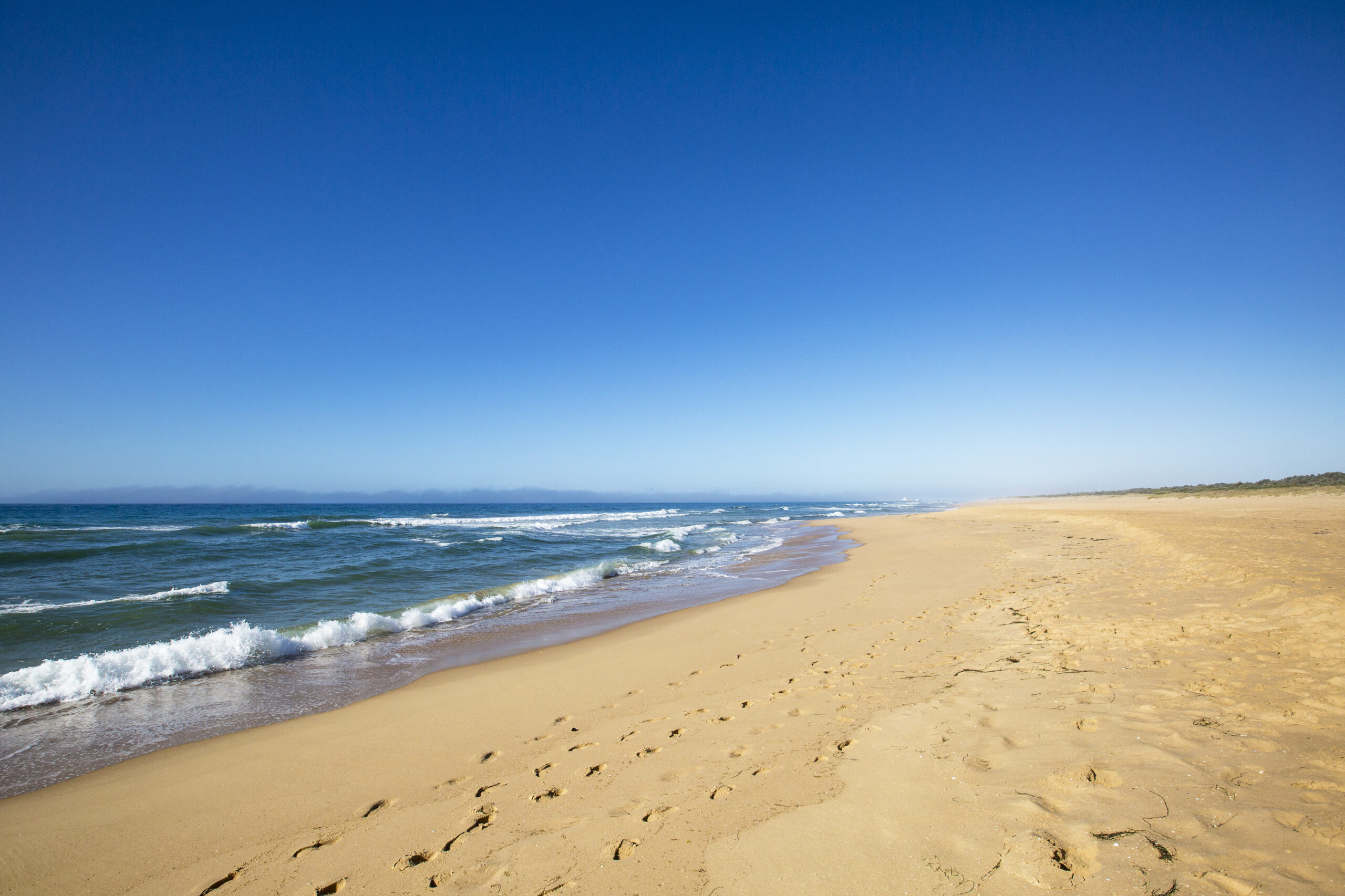 A tranquil beach scene featuring golden sand stretching into the distance, gentle waves rolling onto the shore, and a clear blue sky above. Footprints are visible in the sand, and the beach appears empty and peaceful.