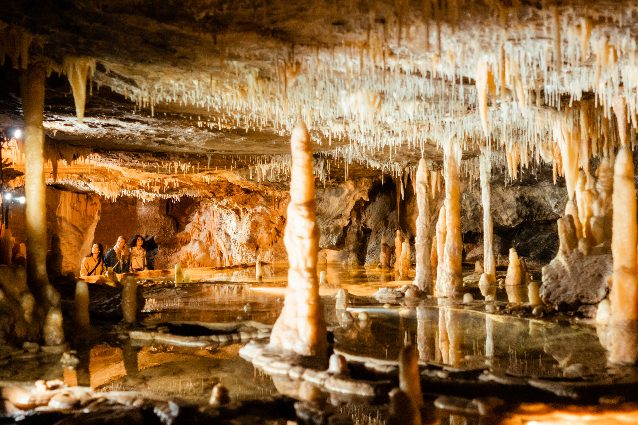 A group of people explores a large limestone cave chamber filled with striking stalactites hanging from the ceiling and tall stalagmites rising from the ground. The chamber features reflective pools of water, and the cave formations are illuminated with warm, golden lighting, highlighting the intricate textures and natural beauty of the underground landscape.