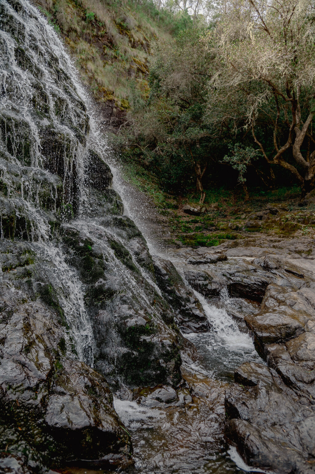 A beautiful waterfall cascading down a rocky cliff face into pools of water.