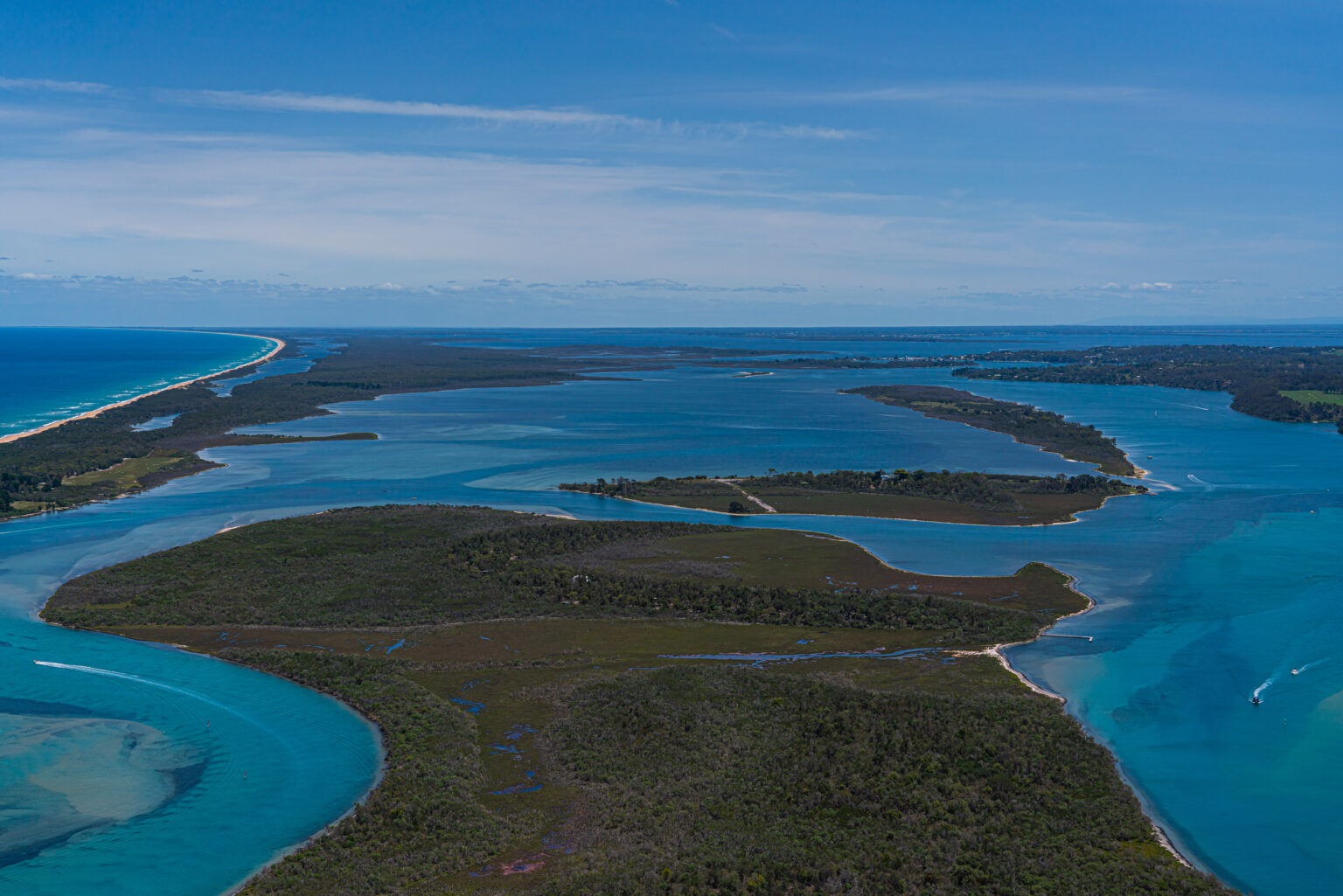 Gippsland Lakes aerial at Lakes Entrance with Rigby Fraser Islands