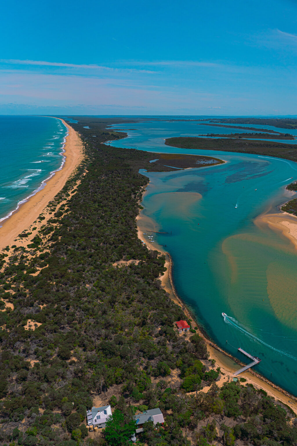 Aerial of the Gippsland Lakes and Ninety Mile Beach near Lakes Entrance