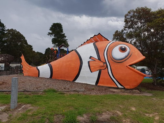 Big Clownfish statue located outside Lakes Caravilla Caravan Park in Kalimna near Lakes Entrance in Victoria. Escape the Ordinary in East Gippsland