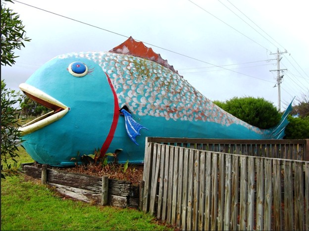 Big Fish statue in front of Lakes Caravilla Caravan Park in Kalimna near Lakes Entrance in Victoria. Escape the Ordinary in East Gippsland