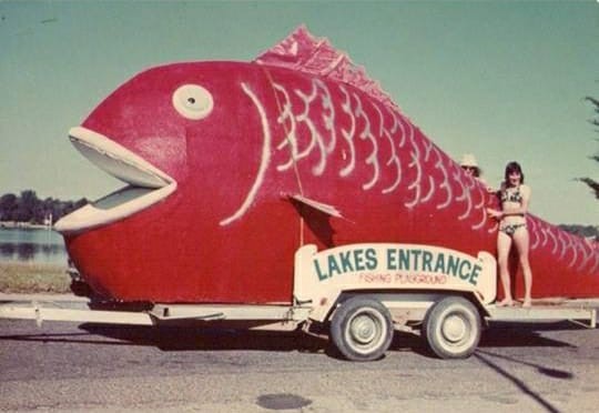 Big Fish Statue painted red and ready for a local parade, Lakes Entrance, Victoria. Escape the Ordinary in East Gippsland