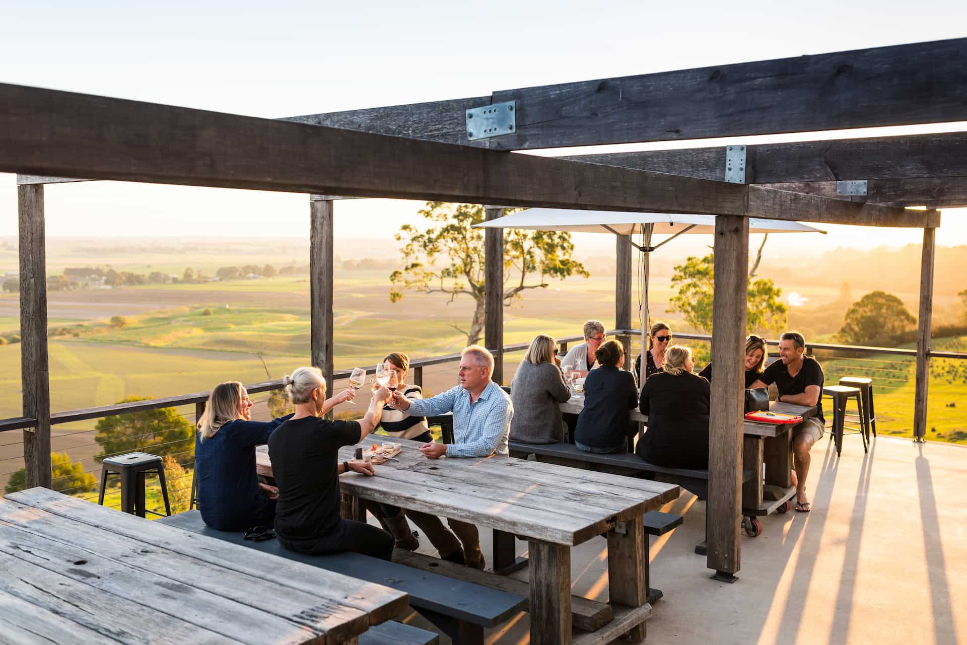 Group of people toasting wine glasses on an outdoor deck overlooking rolling farmland