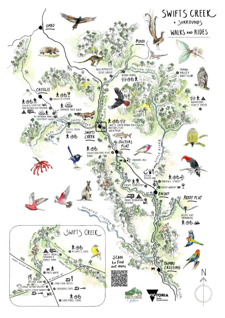Detailed hand drawn walking and riding trails map of Swifts Creek, Omeo Cassilis, Doctors Flat, Reedy Flat, Ensay Tambo Crossing East Gippsland